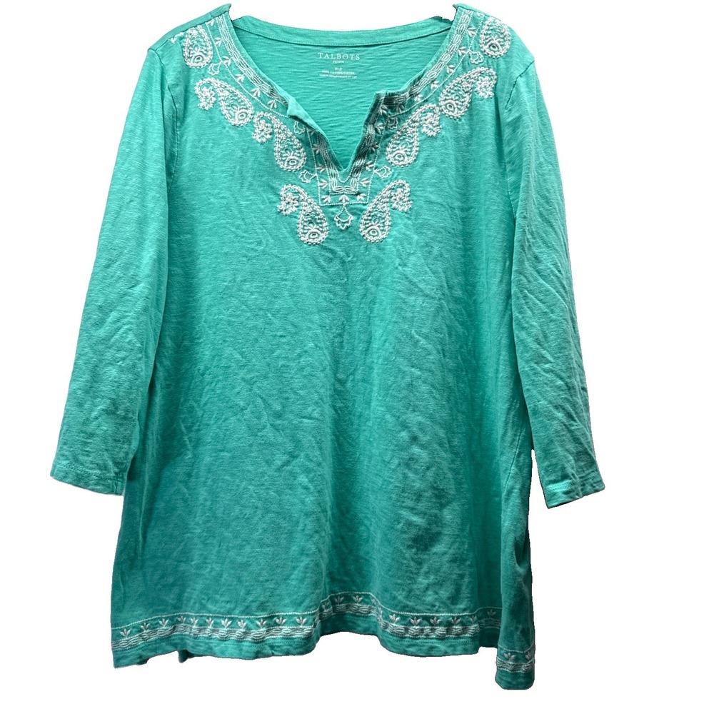 Talbots Womens Top Size XLp Petite Blue Embroidered Bohemian 3/4 Sleeve Pullover